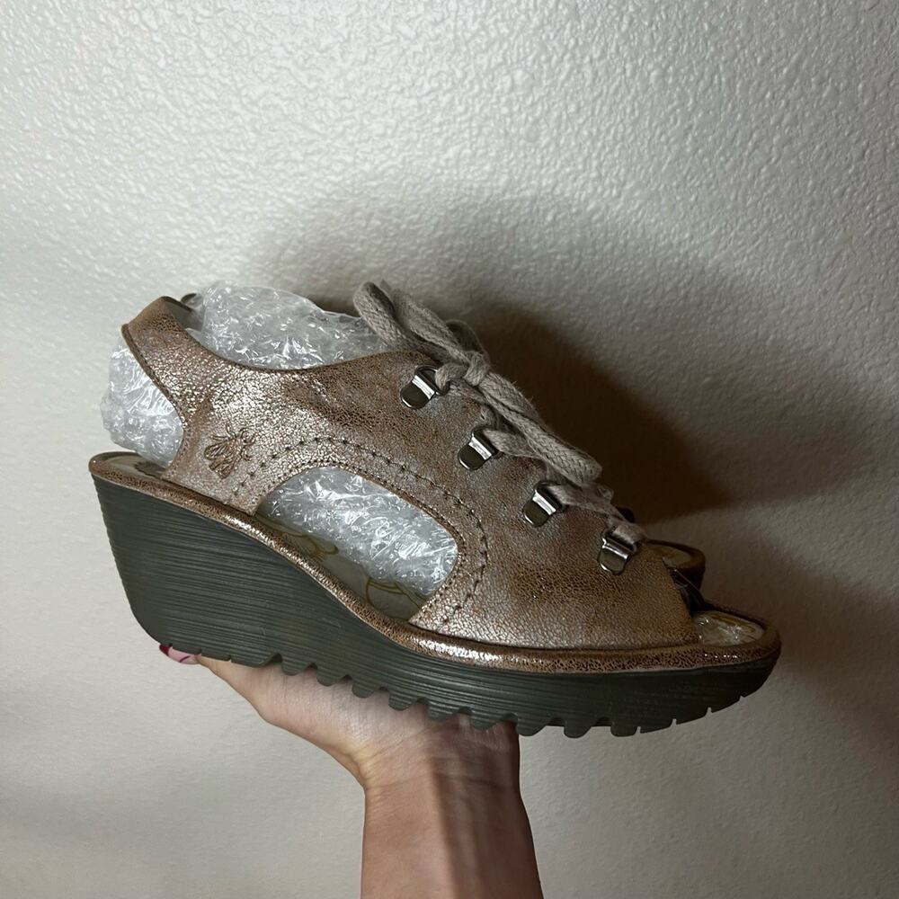 Fly London Yuta Wedge Sandals Open Toe Lace-Up Rose Gold Metallic 2.5" Heel 40